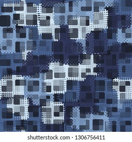 Seamless abstract pattern. The front layer consists of rounded rectangulars divided into parts of different transparency. The background consists of chaos of square strokes. Editable.