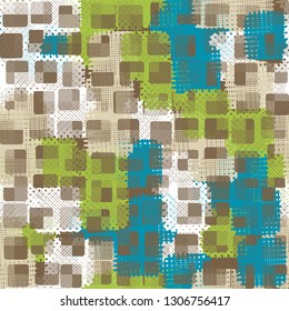 Seamless abstract pattern. The front layer consists of rounded rectangulars divided into parts of different transparency. The background consists of chaos of square strokes. Editable.