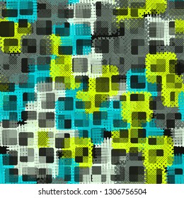 Seamless abstract pattern. The front layer consists of rounded rectangulars divided into parts of different transparency. The background consists of chaos of square strokes. Editable.