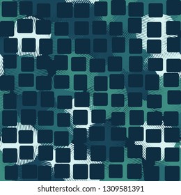 Seamless abstract pattern. The front layer consists of rounded rectangulars divided into parts of different transparency.
The background consists of polygons drawn by hatching