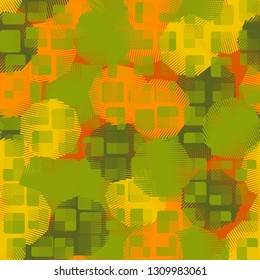 Seamless abstract pattern. The front layer consists of rounded rectangulars divided into parts of different transparency.
The background consists of polygons drawn by hatching