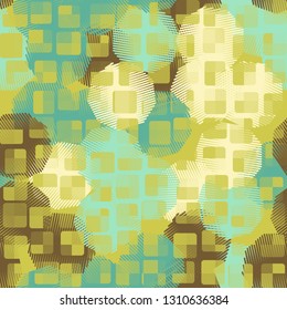 Seamless abstract pattern. The front layer consists of rounded rectangulars divided into parts of different transparency.
The background consists of polygons drawn by hatching