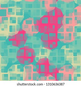 Seamless abstract pattern. The front layer consists of rounded rectangulars divided into parts of different transparency.
The background consists of polygons drawn by hatching