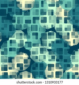 Seamless abstract pattern. The front layer consists of rounded rectangulars divided into parts of different transparency.
The background consists of polygons drawn by hatching