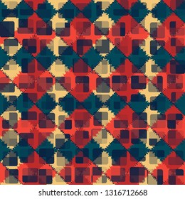 Seamless abstract pattern. The front layer consists of rounded rectangulars divided into parts of different transparency.
The background consists of diamond patches. Easy to edit.