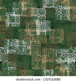 Seamless abstract pattern. The front layer consists of rounded rectangulars divided into parts of different transparency.
The background consists of a perforated camouflage. Editable.