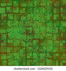 Seamless abstract pattern. The front layer consists of rounded rectangulars divided into parts of different transparency.
Background consisting of fragments of the grid with round holes. Edited.