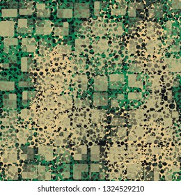Seamless abstract pattern. The front layer consists of rounded rectangulars divided into parts of different transparency.
Background consisting of fragments of the grid with round holes. Edited.