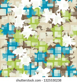 Seamless abstract pattern. The front layer consists of rounded rectangulars divided into parts of different transparency.
The background consists of maple leaf-like spots.
