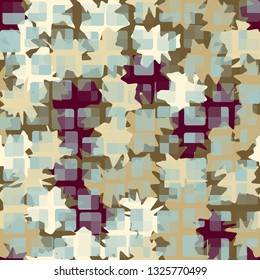 Seamless abstract pattern. The front layer consists of rounded rectangulars divided into parts of different transparency.
The background consists of maple leaf-like spots.