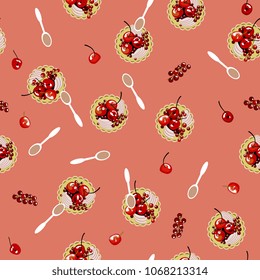 Seamless abstract pattern with fruit tartlet cakes and spoons. Flat cartoon style.