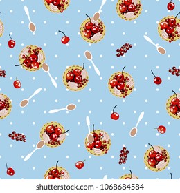 Seamless abstract pattern with fruit tartlet cakes and spoons. Flat cartoon style.