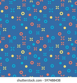Seamless abstract pattern. Geometric background with light red, blue and yellow crosses and circles. Vector illustration.
