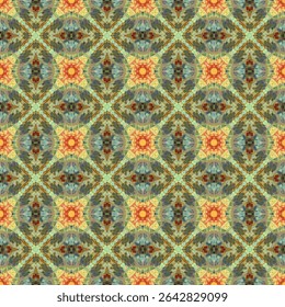 Seamless abstract pattern with a geometric design, features orange, yellow, green and blue hues in a symmetrical arrangement. Perfect for fabrics, wrapping paper, wallpapers, and digital backgrounds.