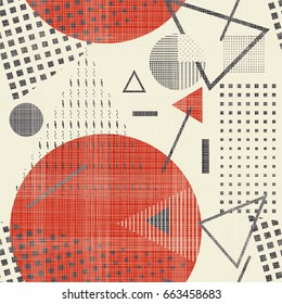 Seamless abstract pattern with geometric elements and textures in black, red and beige. Retro style tiling background, poster, textile, greeting card design.