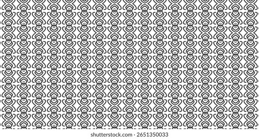 Padrão abstrato contínuo com simetria geométrica do tipo coração em linhas pretas sobre fundo branco. Ideal para têxteis, papel de parede e design de superfície.