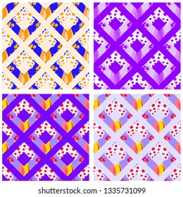 Seamless abstract pattern with geometric shapes and flowers. Bright stylized flowers in vase with rhombuses in four color options is repeating on monochromatic background