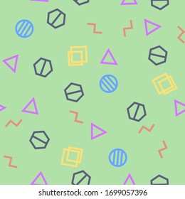 Seamless abstract pattern with geometric shapes as triangle, line, circle. Vector illustration. Hipster fashion Memphis style.