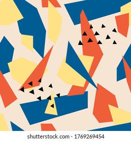 Seamless abstract pattern of geometric shapes, spots, triangle,geometric. New modern style. Dynamic vector collage. Bright colors - red, yellow, blue. For printing on packaging, fabrics, postcards