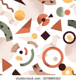 Seamless abstract pattern with geometric shapes. Endless creative background with random geometry figures. Modern texture design with repeating print for wrapping. Colored flat vector illustration