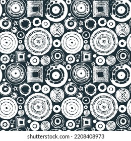 seamless abstract pattern of geometric shapes, circles and squares imitating embroidery or tapestry. Repeating vector background. Suitable for wallpaper, wrapping paper or fabric design