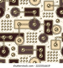 Seamless abstract pattern with geometric shapes, gold chains, beads, buttons. Circles, rectangels, square in random composition. Inspired of memphis style.