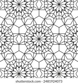 Seamless abstract pattern with geometric shapes, Islamic art, and decorative textures, perfect for traditional and modern design, Arabic vector illustration, and line details.