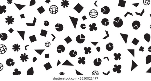 Seamless Abstract Pattern with Geometric Shapes and Pie Charts, Perfect for Backgrounds, Business Infographics, Education, or Modern Art Inspired Graphic Design Projects.
