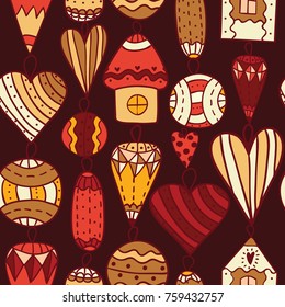 Seamless abstract pattern with ginger houses, hearts, ovals, balls and diamonds on brown dark background in cartoon style. Christmas vector illustration.