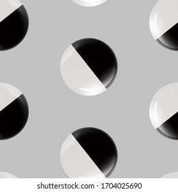 Seamless abstract pattern with glass black and white balls or precious pearls. Glossy realistic ball. 3D vector illustration highlighted on a light grey background. Metal bubble.