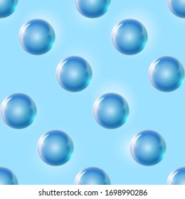 Seamless abstract pattern with glass blue balls or precious pearls. Glossy realistic ball. 3D vector illustration highlighted on a light background. Metal bubble.