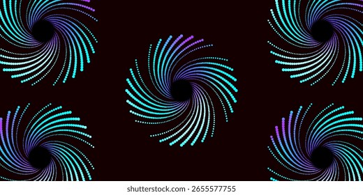 Seamless abstract pattern of glowing radial spiral dots in vibrant cyan, blue, and purple tones on a dark background, creating a futuristic and hypnotic visual effect.