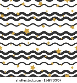 Seamless abstract pattern with gold shabby stars and black wavy lines on white background. Vector striped illustration. Magic sky. Stardust background. Constellation