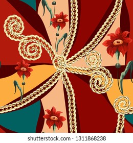 Seamless abstract pattern with golden chains and flowers.
