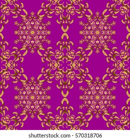 Seamless abstract pattern with golden repeating elements on purple backdrop. Purple and golden pattern. Oriental vector classic pattern.