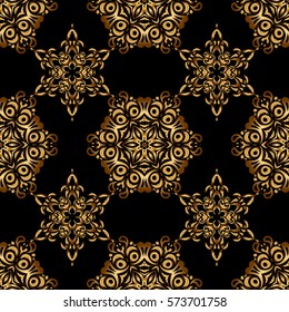 Seamless abstract pattern with golden repeating elements on black backdrop. Black and golden pattern. Oriental vector classic pattern.