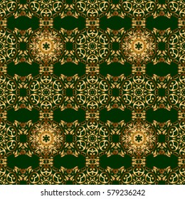 Seamless abstract pattern with golden repeating elements on green backdrop. Green and golden pattern. Oriental vector classic pattern.