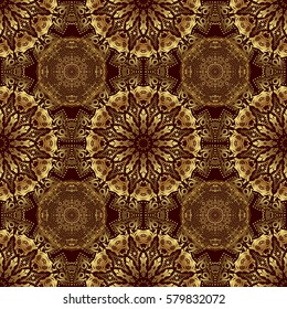 Seamless abstract pattern with golden repeating elements on brown backdrop. Brown and golden pattern. Oriental vector classic pattern.