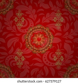 Seamless abstract pattern with golden repeating elements on red backdrop. Red and golden pattern. Oriental vector classic pattern.