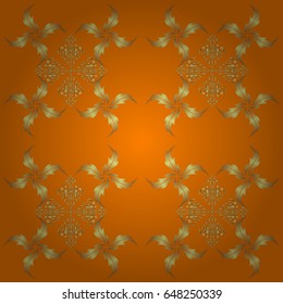 Seamless abstract pattern with golden repeating elements on orange backdrop. Orange and golden pattern. Oriental vector classic pattern.