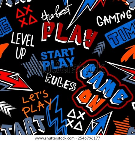 Seamless abstract pattern with graffiti word. gaming theeme  Bright neon colorful  vector Print for boys.