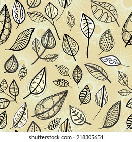 Seamless abstract pattern with graphic leaves.   Zentangle, zenart,  zen, zendoodle, henna. Mehndi style. Ethnic style. Boho style. 