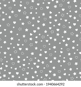seamless abstract pattern. gray background. little white stars and hearts. vector texture. trend print for textiles and wallpaper.