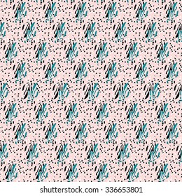 Seamless abstract  pattern with green, black and white elements on pink background