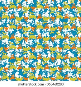 Seamless abstract pattern with green, blue and orange elements on white background