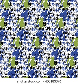 Seamless abstract pattern with green, blue and black elements on white background