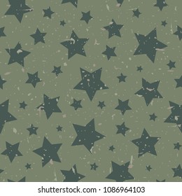 Seamless abstract pattern with green khaki stars of different rotation and size. Grunge star background. Vector illustration. Cosmos texture with particles of debris