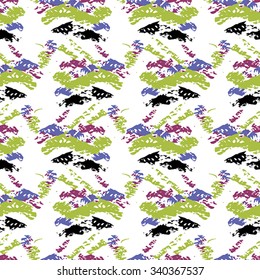 Seamless abstract pattern with green, lilac and black elements on white background