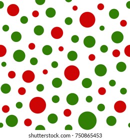 Seamless abstract pattern of green and red circles on white background. Kaleidoscope Christmas holiday  background. Decorative wallpaper, good for printing. Vector illustration.