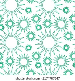 Seamless abstract pattern. Green, white. Vector illustration. Chaotic texture. Flowers,suns, stars. Design for textile fabrics, wrapping paper, background, wallpaper, cover.